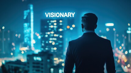 Confident Leader Overlooking a Cityscape at Night