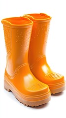 Bright orange rain boots isolated on white background