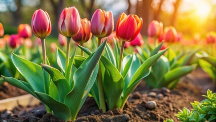 Obraz premium Fresh overwintered tulips ready to bloom in a spring garden bed