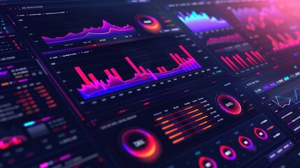 Obraz premium A futuristic dashboard with glowing data visualizations, showcasing charts and graphs. Perfect for concepts of technology, data analysis, and future trends.