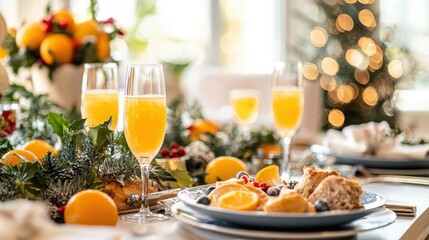 Festive Holiday Brunch with Friends - Elegant Table Setting, Holiday Dishes, Mimosas, and Cheerful Decor