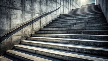 Fototapeta premium Weathered concrete staircase stretches upward, grayish tone and directional light emphasizing rough grain, dramatic shadows amplify gritty urban essence.
