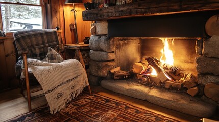Cozy fireplace in a rustic cabin with a wooden interior during a peaceful evening glow