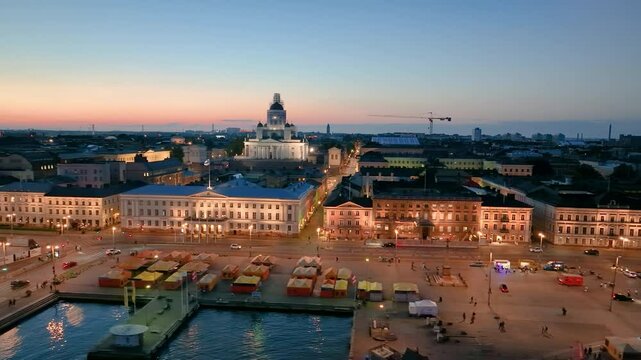4k Aerial view of famous places architectural landmarks Lutheran Christian Cathedral Church at the Senate Square in Helsinki, Finland