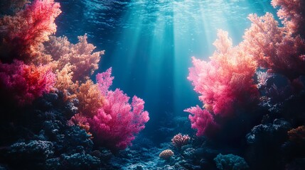 Fototapeta premium Mysterious seascape with dark ocean glowing around underwater ruins picture