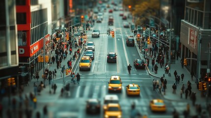 Busy urban street in New York City filled with pedestrians and traffic during late afternoon hours