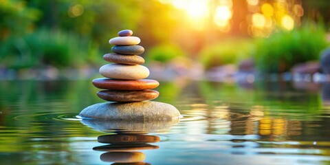 Obraz premium Balance and stability concept with stones stacked in a pyramid formation for meditation, promoting harmony between body, mind, and soul
