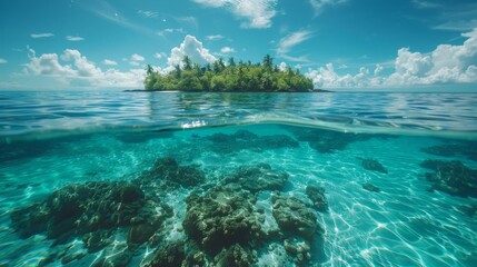 Beautiful underwater view of lone small island above and below the water surface in turquoise waters of tropical ocean. 