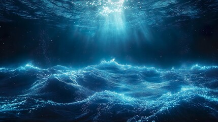 Fototapeta premium Underwater ruins glow mysteriously in the dark ocean seascape picture