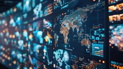 A futuristic data visualization display featuring a world map surrounded by various charts and graphs.