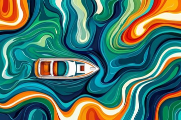 Top down view of a boat cruising through a lake, with waves in a colorful line art style