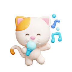 3D cute cat dancing and singing with microphone, Cartoon animal character, 3D rendering.