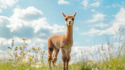 An adorable baby alpaca standing in a sunny meadow, with ample copy space in the background sky