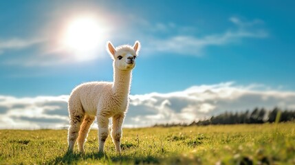Obraz premium An adorable baby alpaca standing in a sunny meadow, with ample copy space in the background sky