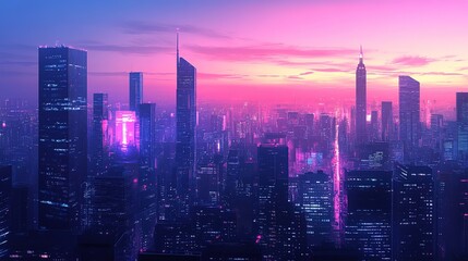 Naklejka premium A vibrant city skyline illuminated by neon lights at dusk, showcasing tall skyscrapers and a picturesque sunset view