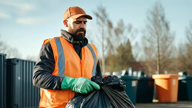 portrait of a garbage man in an orange vest and green gloves, transporting black trash bags to the landfill, with blurred containers behind him, highlighting the importance of plas