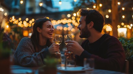 Couple enjoying a candlelit dinner at a cozy restaurant with string lights on a chilly evening