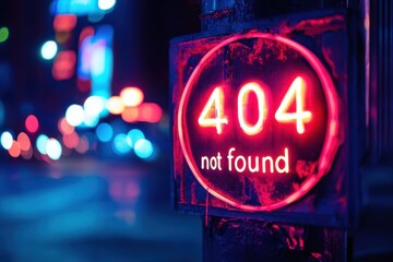 sign with glowing neon text in center "404" and text "Page not found" under it over blurred digital background