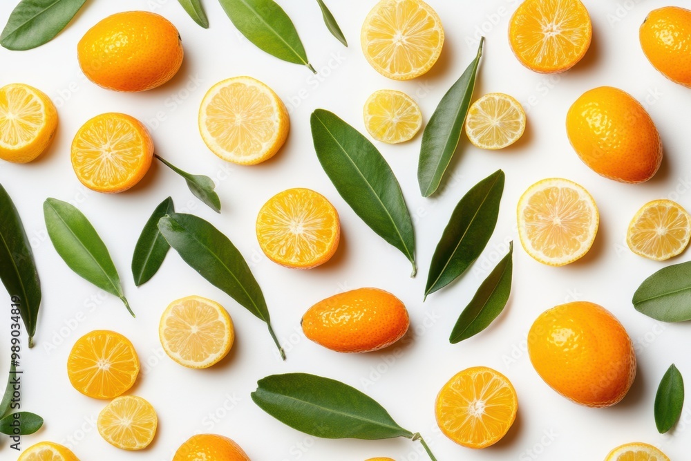 Poster fresh citrus pattern with whole sliced lemons on white background