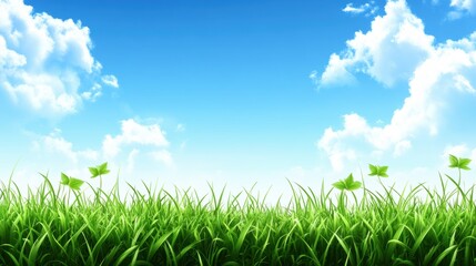 Tranquil green meadow clear blue sky with floating leaves