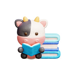 Naklejka premium 3D cute cow reading a book, Cartoon animal character, 3D rendering.