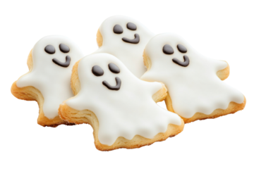PNG Cute ghost-shaped cookies with icing, perfect for Halloween treats.