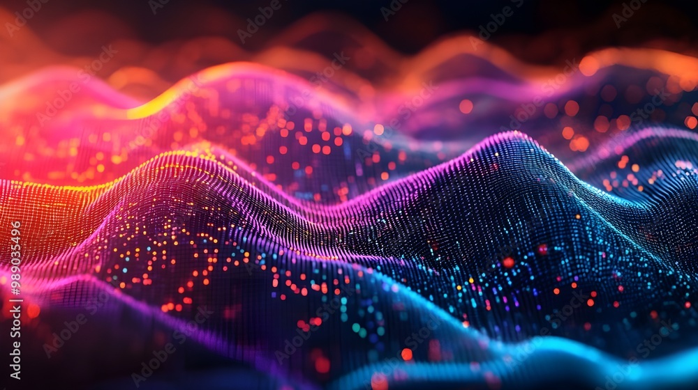 Fototapete 3d rendering of abstract digital wave particles with depth of field and bokeh - Generated AI