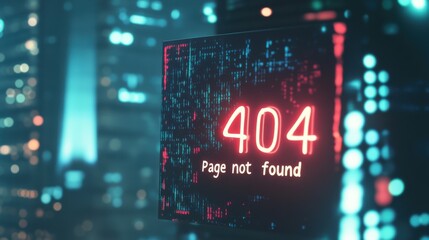 sign with glowing neon text in center "404" and text "Page not found" under it over blurred digital background