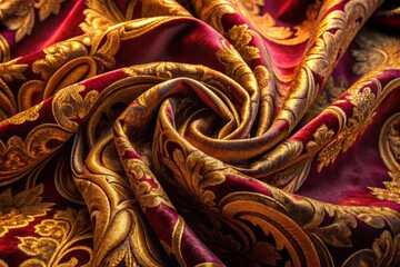 Luxurious velvet fabric with intricate patterns and deep, rich colors fills the frame, illuminated by a warm, gentle glow, evoking feelings of comfort and opulence.