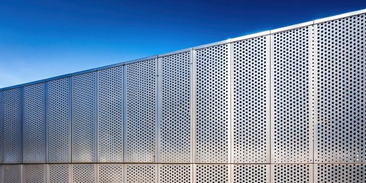 Minimalist architectural photography showcasing perforated metal cladding panels against a clear blue sky
