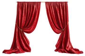 Elegant red curtains draped gracefully, isolated on white background. transparent background