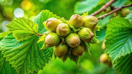 A hazelnut tree branch with vibrant green unripe nuts in a lush forest setting with ample copy space