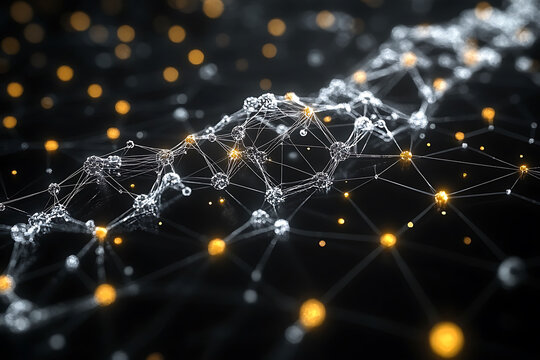 Healthcare card highlighting the role of AI in drug discovery featuring a sleek futuristic design with a large blank space on the lower center accented by abstract molecular patterns and robotic arms