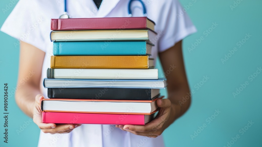 Poster Student Carrying Stack of Textbooks and Notebooks on Turquoise Background
