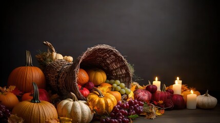 Beautiful autumn themed cornucopia overflowing with pumpkins and other fall fruits on the table, thanksgiving cornucopia, fall harvest display, autumn fruits