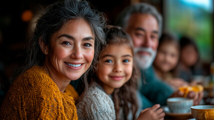 Warm multigenerational family enjoying a meal together around a rustic table, smiling and bonding

