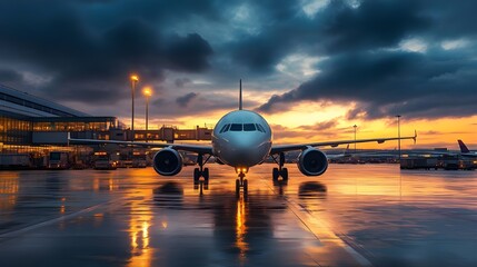 Airplane in the airport at sunset. Travel and transportation concept. - Generated AI