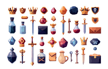Pirate buccaneer adventure items cartoon vector set. Diamond royal crown blade sword postal vial envelope bottle gem poison flask elixir magnifying glass key quest stuff, isolated illustration