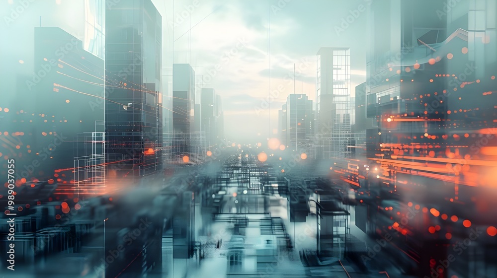 Poster abstract cityscape with double exposure of technology and network concept. 3d rendering - generated 