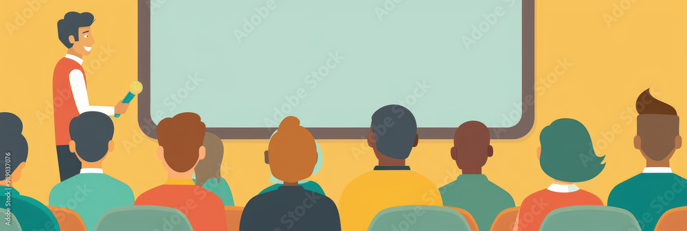 Poster a speaker engages a captivated audience in a bright classroom setting, discussing important informat
