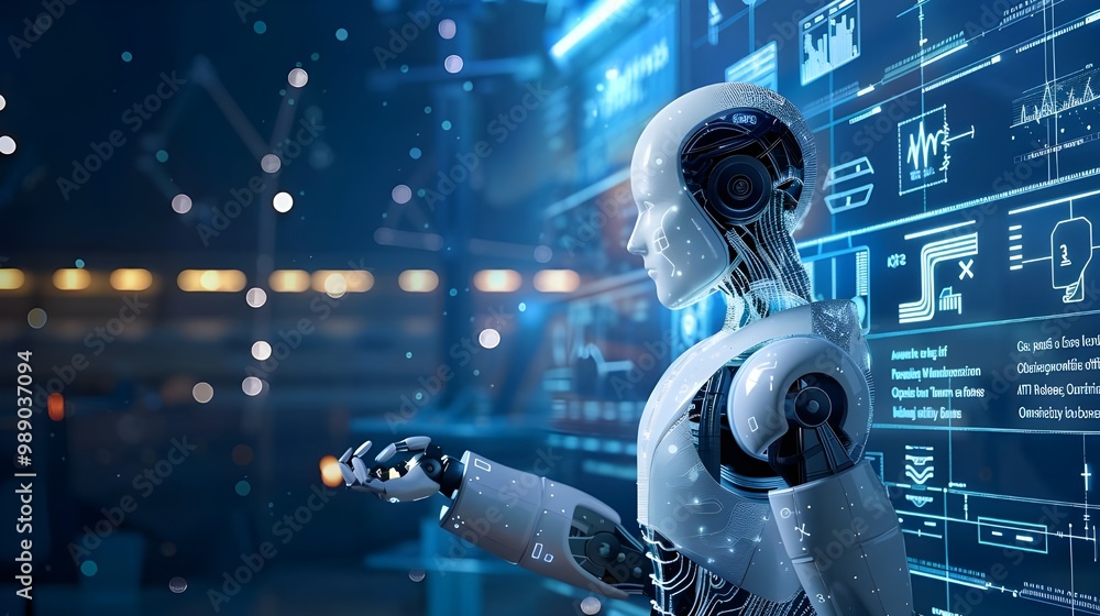 Poster robot humanoid on blurred background with hud interface 3d rendering - generated ai