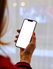 woman's hand holding a white screen smart phone on blur background