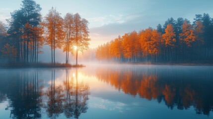Fototapeta premium Misty Autumn Sunrise Over Calm Lake Reflections