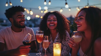 Friends enjoying sunset drinks on a rooftop terrace in the heart of the city during a warm summer evening