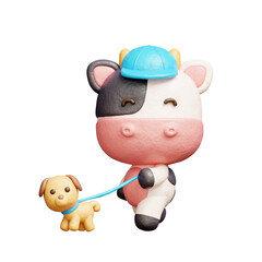 3D cute cow walking with dog, Cartoon animal character, 3D rendering.