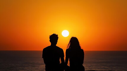 Couple sitting together on a grassy hill enjoying a vibrant sunset with birds flying overhead on a warm evening
