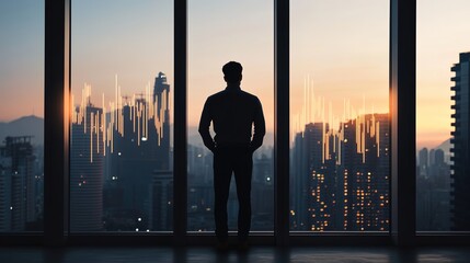 Fototapeta premium Businessman Silhouette with City Skyline at Sunset