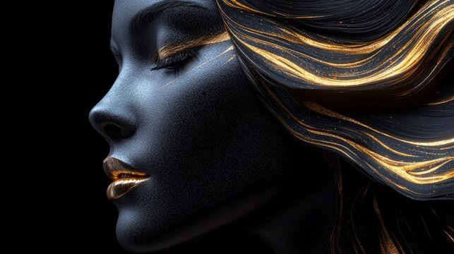 Beautiful African women with a fantastic Golden Lips on black background. Art abstract.