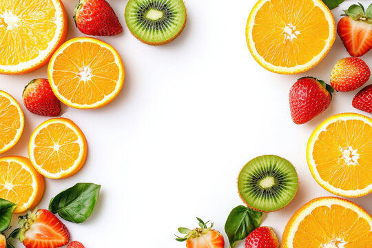 A flat lay of vitamin C rich fruits like oranges, strawberries, and kiwis on a white background, with blank space at the bottom for text or promotional content.