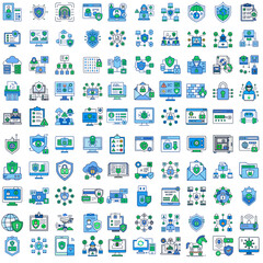 Fototapeta premium Set of 100 Minimalist Cybersecurity Icons, Blue and Green Tones, Digital Protection Concept